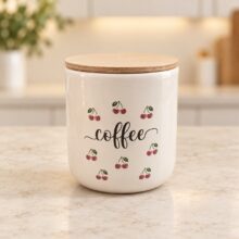 بانکه گرد متوسط سرامیکی طرح آلبالو با نوشته coffee و درب چوبی